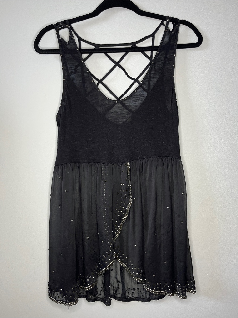 Free people vintage black layering tank studded beaded gold cross cross detail